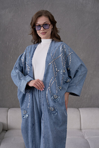 Miss Allos Kadın Önü Pul Payet Nakışlı Taş Ve İnci Detaylı Kot Kimono Hırka Ve Kot Pantolon Alt Üst Takım