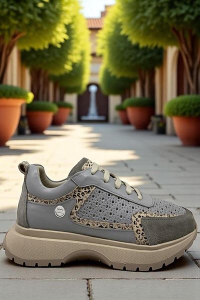 Mammamia D25Ya-7325 Gray Leopard Pattern Women's Sneaker Genuine Leather Full Orthopedic Casual Daily Women's Footwear