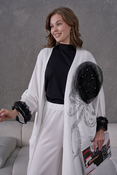 Miss Allos Women's Front Sequin Sequin Embroidered Flower and Stone Embroidered Linen Kimono Cardigan and Pants Bottom Top Set