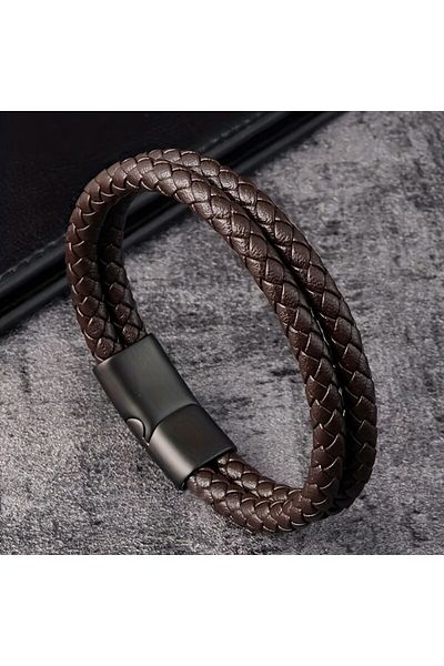 Choice 21cm Brown Trendy Leather Bracelets Men Stainless Steel Braided Rope Bracelets For Male Bracelets Je