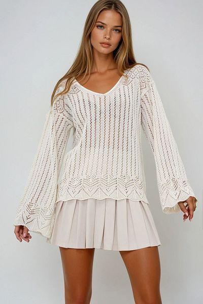 VAGGON Women's Vanilla Boat Neck Openwork Summer Knitwear Blouse Vgn-X10640