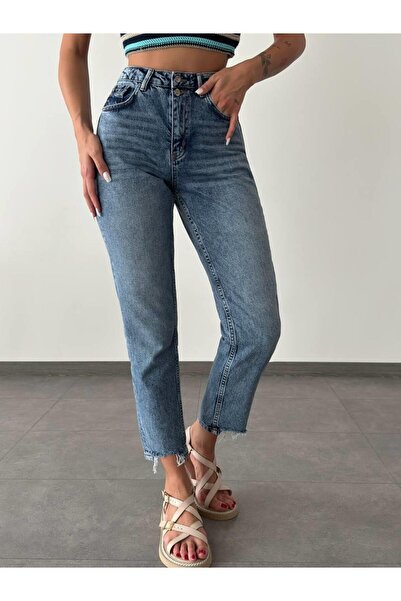 LACARINO Yüksek Bel Paça Detaylı Blue Mom Fit Jean Pantolon