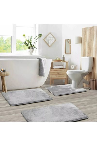 BEĞENDİ HOME 3-Piece Bath Mat Set Toilet Seat Plush Soft Washable Anthracite (50X80-40X60-40X50)