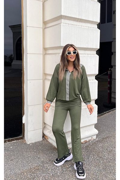 MODA Women's Long Sleeve Hooded Front Zipper Stripe Detail Viscose Two Thread Bottom Top Double Suit