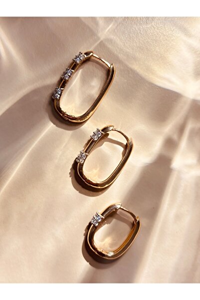 WisstoriaCollections Rose Renk 3 lü Beyaz Zirkon Taşlı Oval VİP Küpe