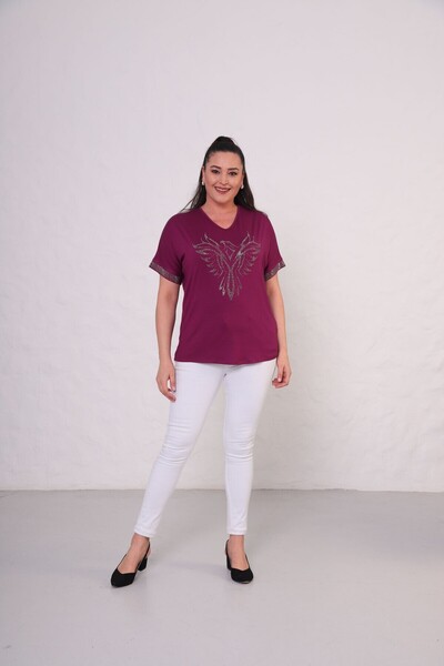 tarzımsüper Women's Plus Size Short Sleeve T-Shirt with Stone Print on Front and Sleeve Part