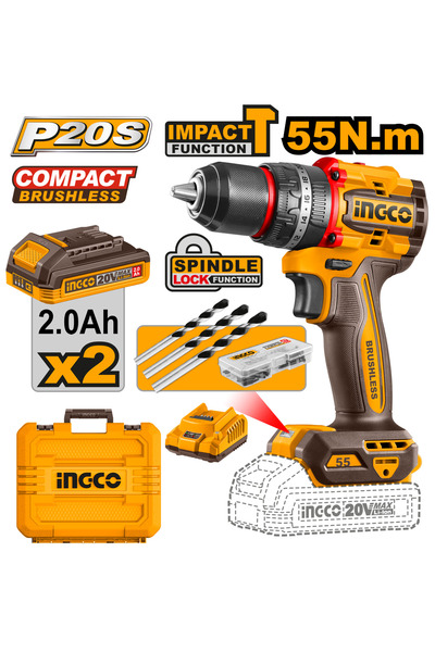 Ingco CIDLI20558 20V Kömürsüz Akülü Darbeli Matkap 55Nm Çift Akülü Set