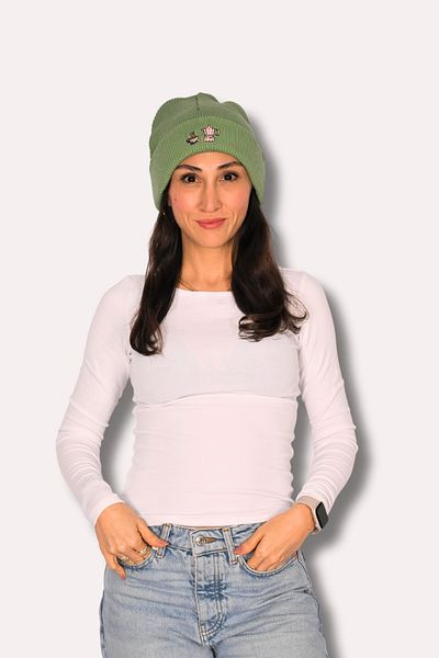 Milky Way Design Moka Pot & Coffee Cup Green Winter Embroidered Soft Knitwear Beret