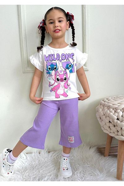 LİLLYPİCCA Girl Character Patterned Gathered Sleeve Ribbed Wide Leg Trousers 2Plik Set
