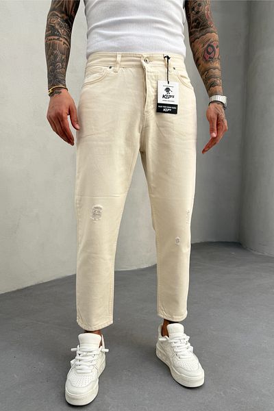 MADZEYMODA Ανδρικό τζιν παντελόνι μπεζ Generic Fit Ripped Λεπτομέρεια KE-750