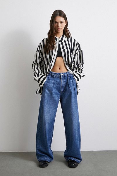Never more High Waist Pleated Wide Leg Jeans - Blue