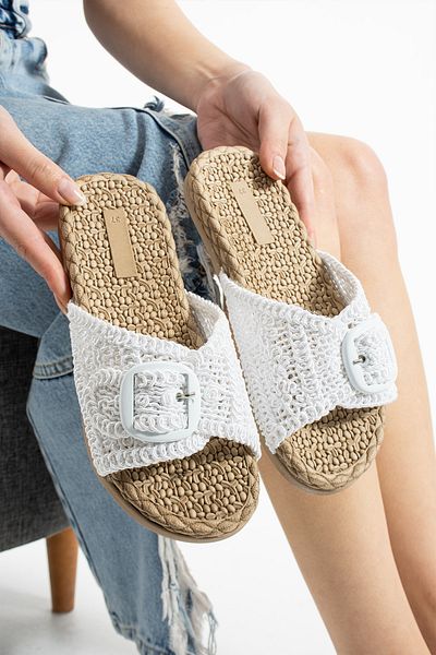 Moda Devrin Papuci de damă cu cataramă tricotată albă, cu talpă anti-alunecare, papuci de plajă pentru piscină