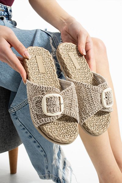 Moda Devrin Papuci de damă cu cataramă tricotată bej, cu talpă anti-alunecare, papuci de plajă pentru piscină