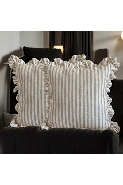 Sister Home Design 2-Piece Ruffled Striped Linen Throw Pillow Cover, Milky Br...