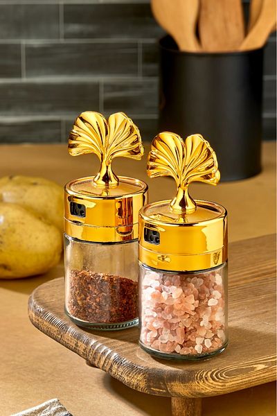 Cooker طقم شاكرات ملح وفلفل زجاجية بغطاء ذهبي، طقم وعاء توابل بتصميم فاخر مزخرف مكون من قطعتين