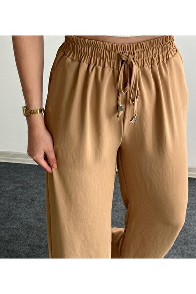 ALVWOMAN بنطال صيفي واسع الساق بلون الجمل مع خصر مطاطي