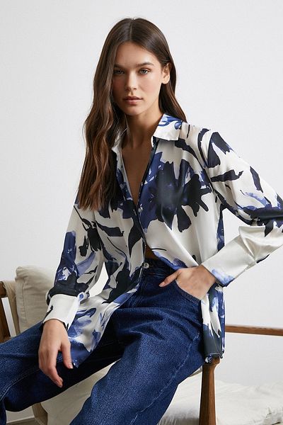 Never more Navy Blue Satin Surface Patterned Shirt