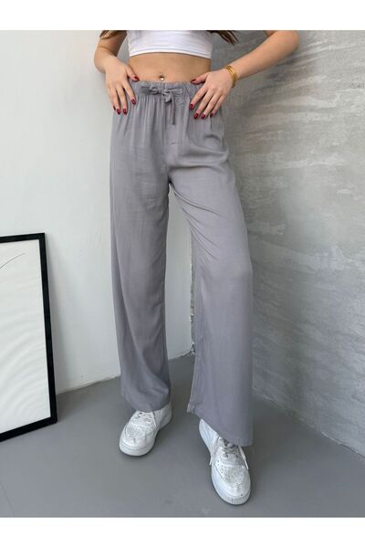 Ozy Fashion Сірі штани з еластичним поясом, широкими штанинами та широкими штанинами з віскози VİSKON-444