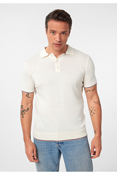 Williot Constantin Men's Off-White Regular Short Sleeve Buttoned Striped Slim Knitwear Polo Neck T-Shirt