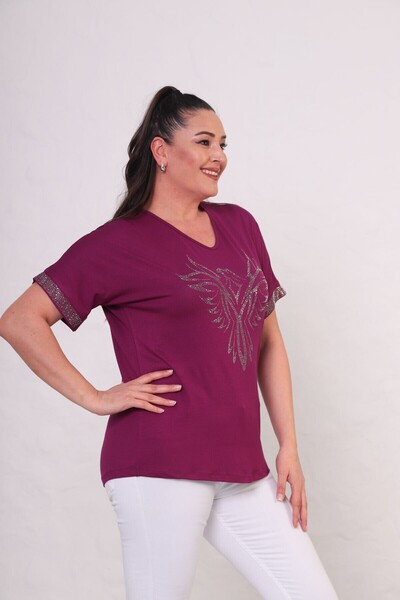 tarzımsüper Women's Plus Size Short Sleeve T-Shirt with Stone Print on Front and Sleeve Part