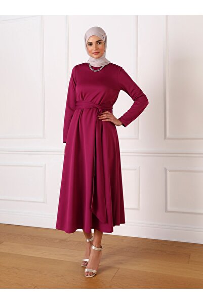 Refka A-line Hijab Dress with Belt Detail - Cherry - Refka