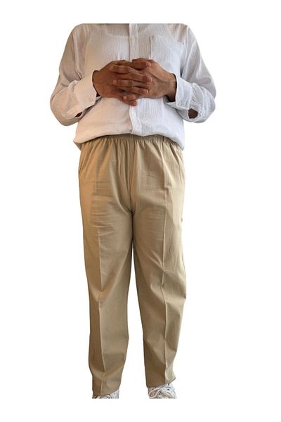 Beratnur Men's Beige Relaxed Fit Elastic Waist Linen Hajj and Umrah Shalwar Trousers