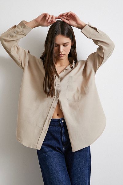 Never more Oversize Linen Shirt with Pockets - Beige