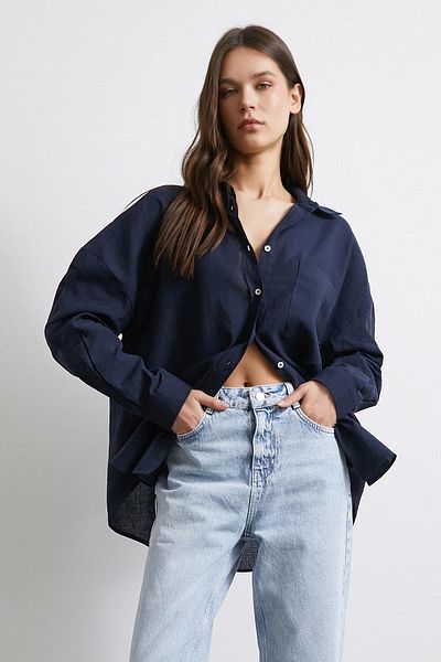 Never more Oversize Linen Shirt with Pockets Navy Blue