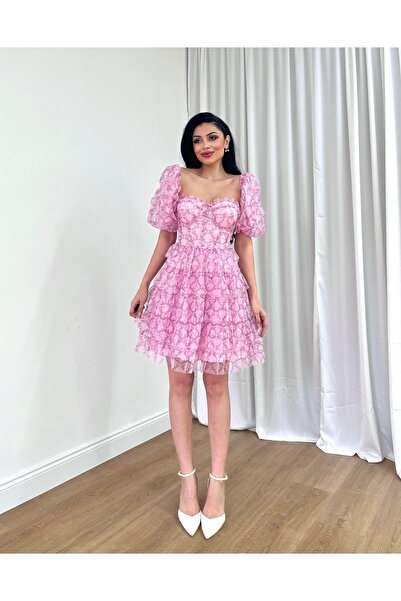 MİSSCİXFASHİON Estélyi ruha rövid tüll levehető ballon ujjú, összehajtható, pánt nélküli miniruha estélyi ruha és ballagási ruha