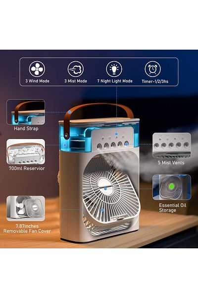 AWH Portable Air Conditioner, 700ml Mini USB Cooler Fan with 7 LED Lights for Car, Home, Office