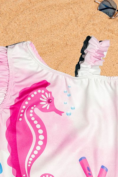 Beniizle One Shoulder Sea Horse Patterned Girl's Swimsuit with Ruffle Detail