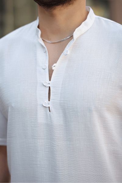 Valiberta Wes Oversize Half Placket Bamboo Short Sleeve Shirt - White