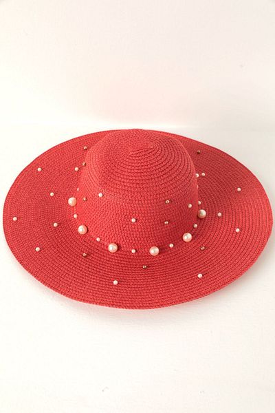 Moka Shopin Mokashopin Pearl Straw Women's Hat-Red