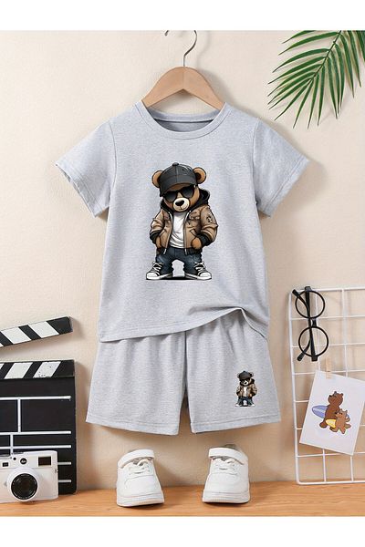 LEONE KOLEKSİYON Printed Cotton Children's Shorts Set - for Summer Crew Neck