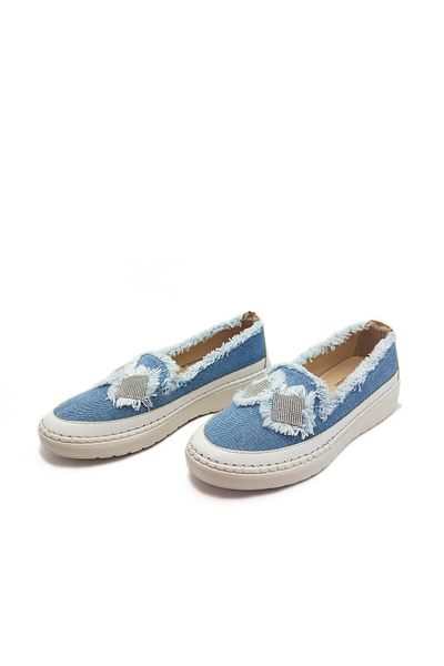 GDT Ayakkabı Pantofi de damă albaștri cu detalii de piatră - denim cu talpă plată