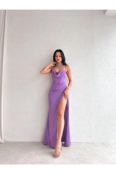 MİSSCİXFASHİON Photos Are RenewedCorset-Shaped Back Low-Cut Deep Slit Thin Strap Midi Purple Dress