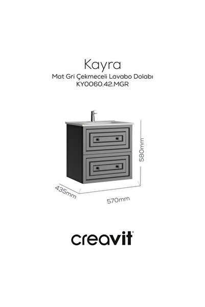 Creavit Kayra Lavabo Dolabı Çekmeceli 60cm Mat Gri