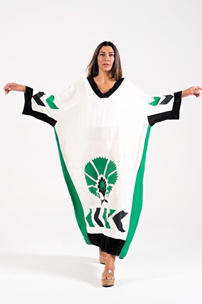 Keyifli Moda Women's White V-Neck Bat Sleeve Long Dress with Pockets