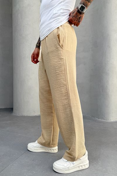 MADZEYMODA Ανδρικό φαρδύ φαρδύ παντελόνι Jogger με ελαστική μέση μπεζ KE-7008