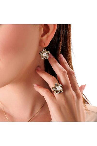 Atelier LEO Handmade Jewellery Pearl Flower Earring Necklace Set Copper Hand Made Crystal Stone No Tarnishing Women's Jewelry Set