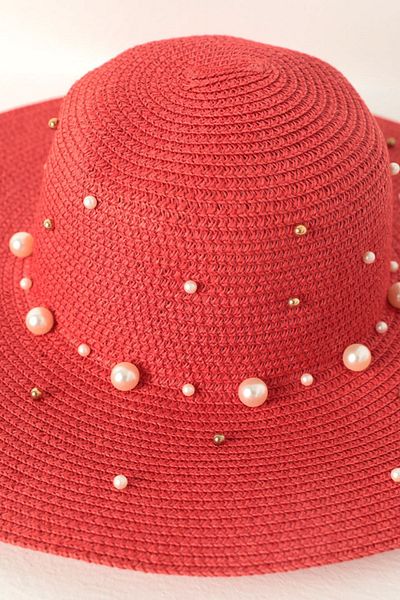 Moka Shopin Mokashopin Pearl Straw Women's Hat-Red