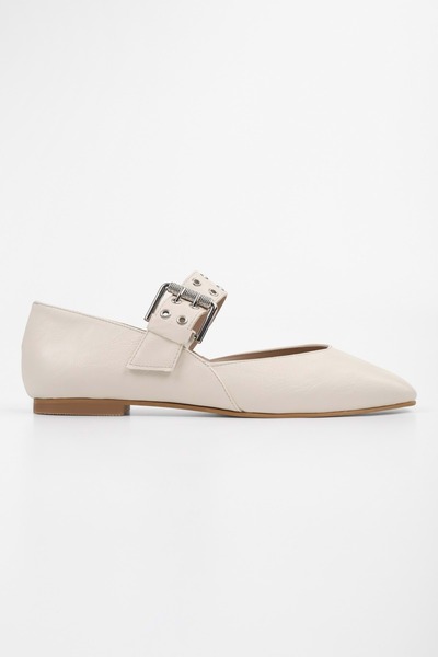 Shoeberry Women's Vell Ecru Skin Ballerinas with Belt Buckle
