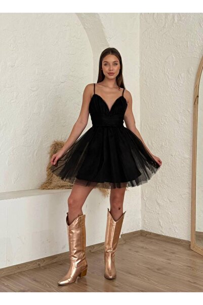 Misscix Kadın Abiye İnce Asılı Kalp Yaka Fırfır Kloş Etekli Tül Mini Elbise -...