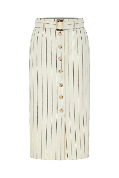 Mudo Women's Ecru Button Detailed Belted Striped Midi Pencil Skirt