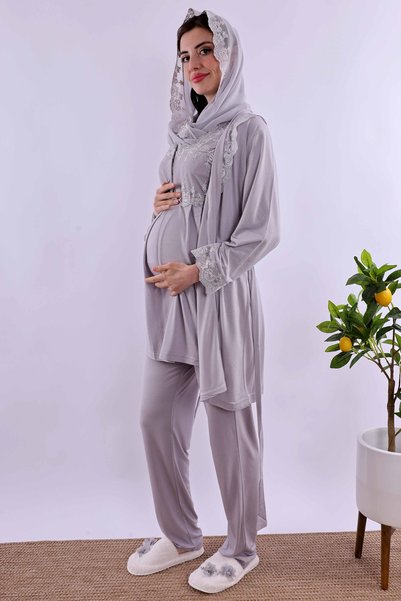 ByLohusa Modest Relaxed Fit Robe Maternity Postpartum Pajama Set Effortt - Gray