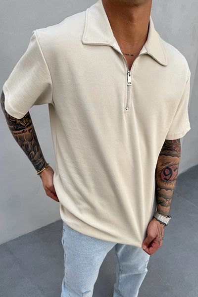 MADZEYMODA Ανδρικό μπλουζάκι με φερμουάρ με φερμουάρ πόλο μπεζ KE-7010