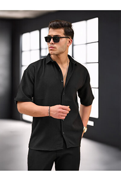 Valiberta Oversize Rahat Fitilli Kısa Kol Erkek Gömlek - Siyah
