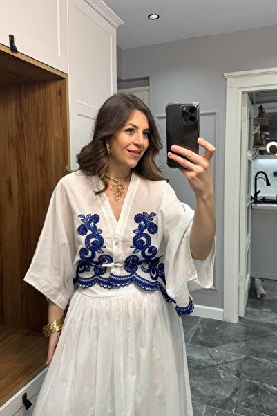 Banu Angay White-Blue Embroidered Shirt Skirt Set