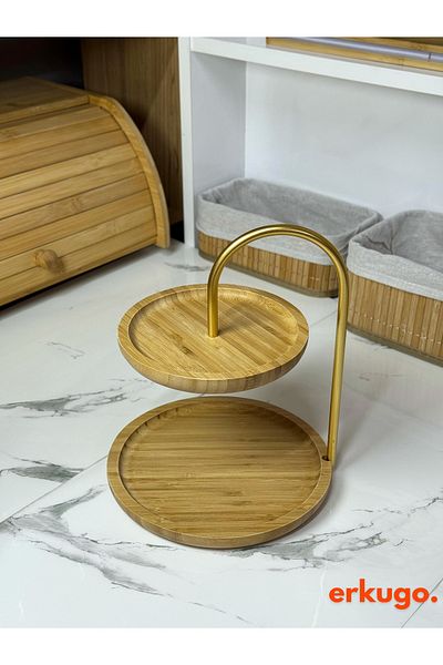 ERKUGO Bamboo 2 Tier Stand - Presentation Set, Decorative and Gold Color