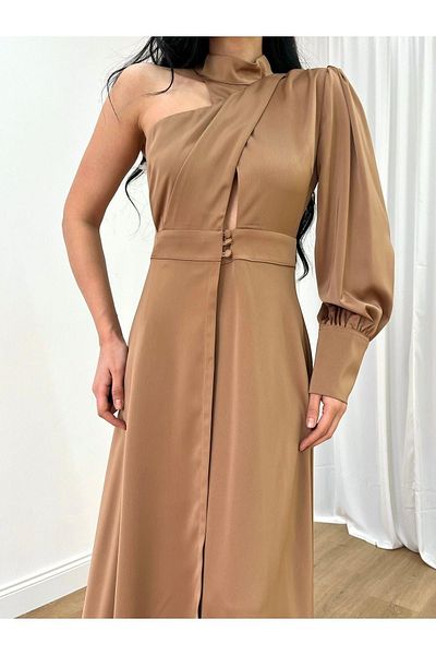 MİSSCİXFASHİON Evening Dress Women's Cross Neck Tied Single Sleeve Deep Leg Low-cut Satin Dress – Evening Dress and Graduation